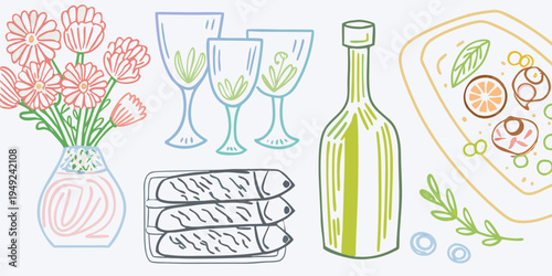 Stylized illustration of flowers wine glasses food and a fish platter