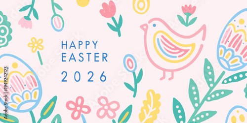 A cheerful happy easter illustration featuring birds and decorated eggs