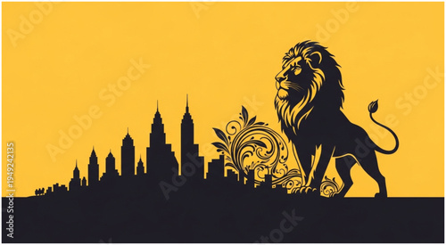 Majestic Lion Silhouette Over Cityscape - A Symbol of Strength and Urbanity.