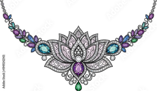 A beautiful and intricate necklace with colorful gemstones and a floral design