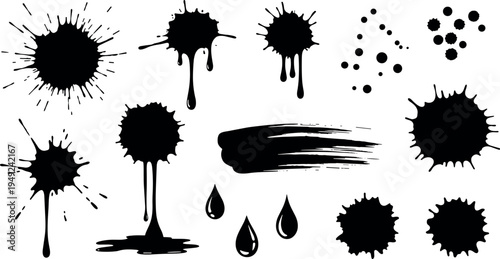Black Ink Splatter and Dripping Paint Collection with Grunge Splash Blots, Liquid Drops and Brush Stroke Elements, Abstract Ink Stain Vector Set