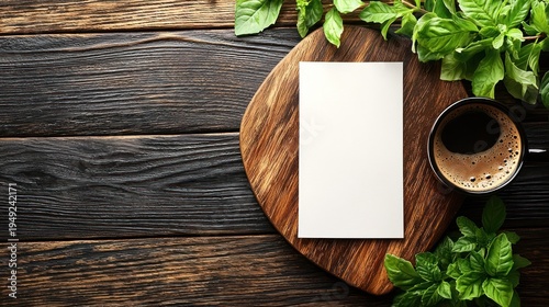 Blank book cover mockup with coffee and basil on wooden background.