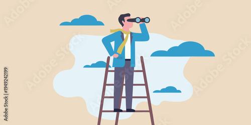 A man stands on a ladder intently looking through binoculars