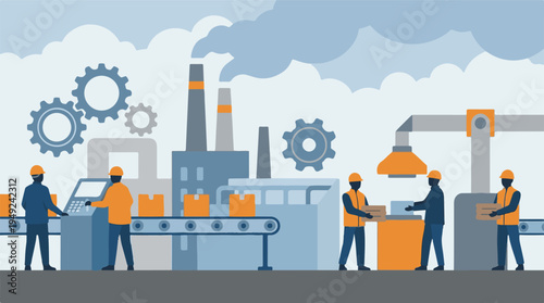 Workers managing an industrial factory production line with machinery