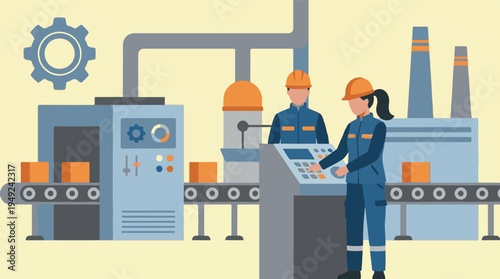 Factory workers operating machinery and conveyor belt on a production line