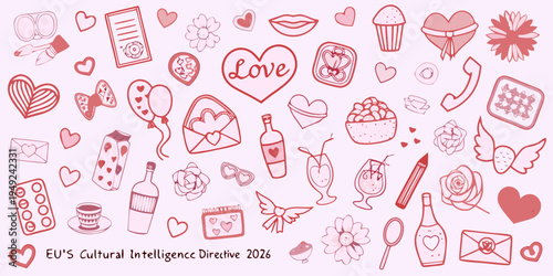 A playful doodle collection featuring hearts flowers and romantic symbols