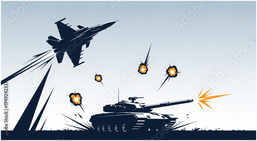 Military Conflict Illustration - Fighter Jet and Tank in Combat.