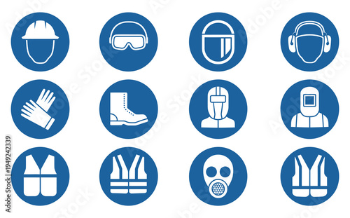 Vector Icons Mandatory Safety Signs, PPE symbols for industrial, construction, and workplace safety, vector illustration, EPS editable, modern clean icons for helmets, gloves, masks, safety vests, and