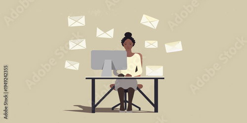 Woman working on a computer surrounded by floating paper airplanes
