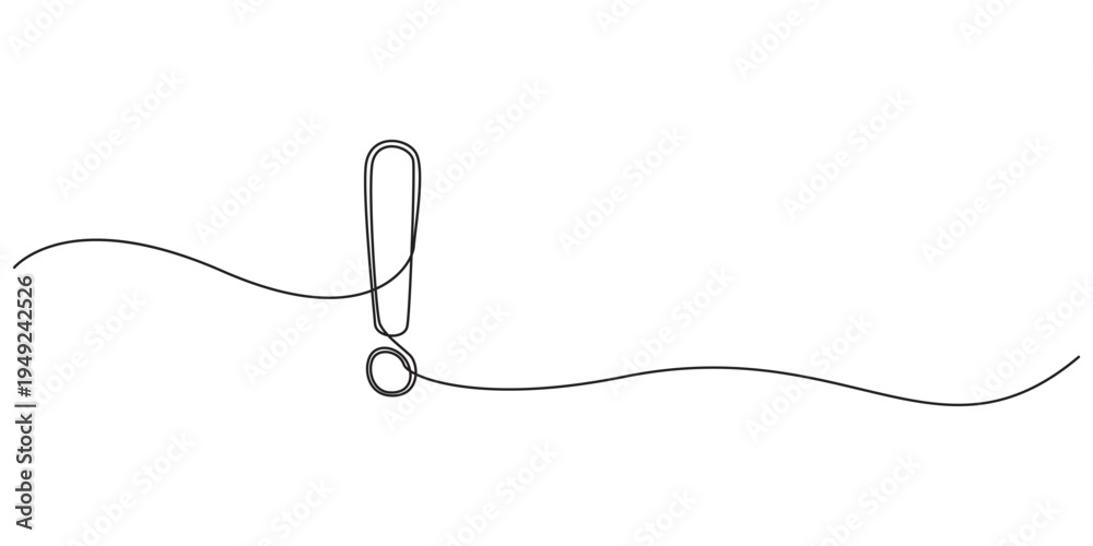 Obraz premium Exclamation mark continuous one line. Hand drawn black attention marks isolated on white background. Hands drawing graphic element important point. Idea symbol for design prints. Vector illustration