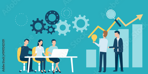 Business team collaboration and innovative ideas leading to growth success