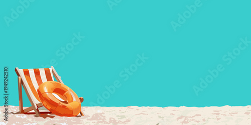 A beach chair and life preserver rest on a sandy shore