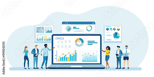 Team analyzing data and presentations on a large screen display