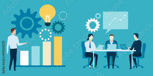 Business team meeting with ideas innovation and data analysis concepts