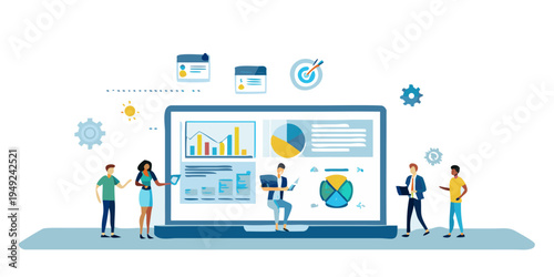 Team analyzing data and charts on a large computer screen