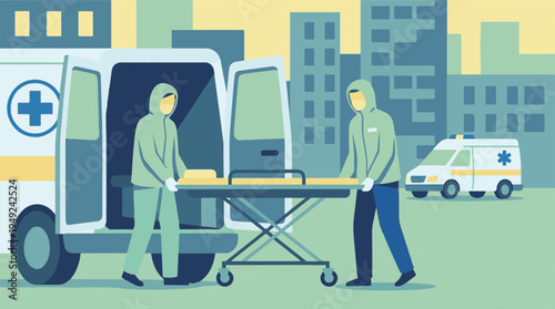 Illustration of emergency medical services with ambulance and stretcher in city