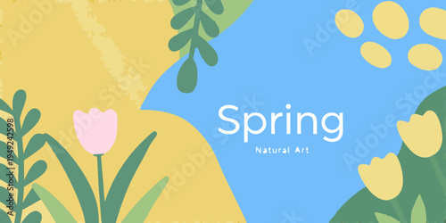 Abstract spring illustration with flowers text and colorful shapes