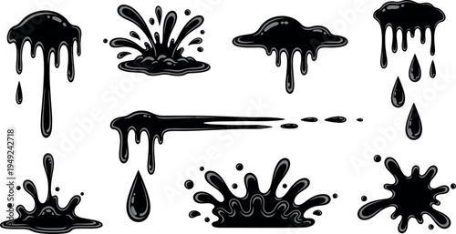 Blue Liquid Paint Drips and Splash Collection with Ink Drops, Flowing Fluid Splatter, Wet Spill Shapes and Abstract Glossy Dripping Elements Vector Set