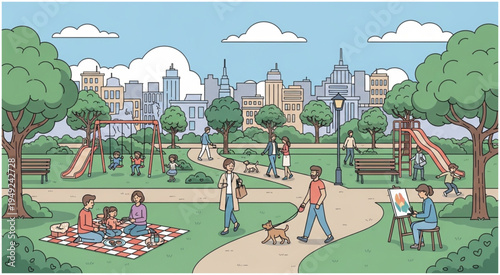 Vibrant park scene with people enjoying leisure activities and city skyline.