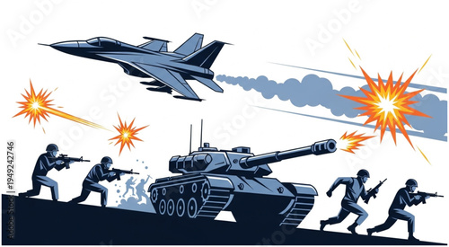 Military Warfare Illustration - Fighter Jet, Tank, and Soldiers in Action.