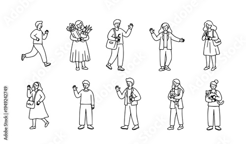 Lifestyle people doodle characters performing daily activities vector