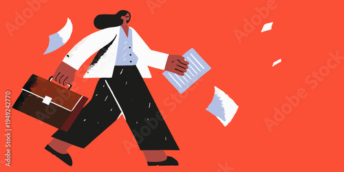 A businesswoman walks with a briefcase as papers fly around her