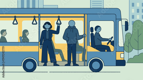 Flat design illustration of people traveling by bus in a city