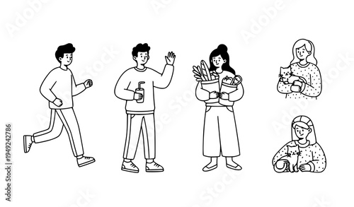 Everyday life doodle people vector illustration collection