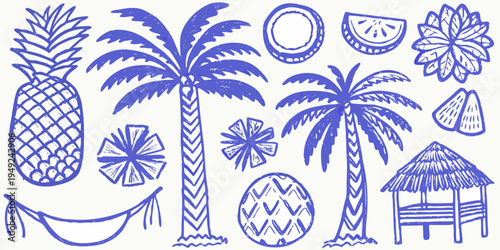 Blue line art illustration of tropical fruits palm trees and beach elements