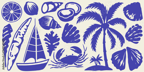 Stylized blue and cream illustration of tropical beach elements