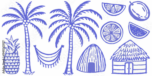 Tropical illustration featuring palm trees fruit a hammock and huts