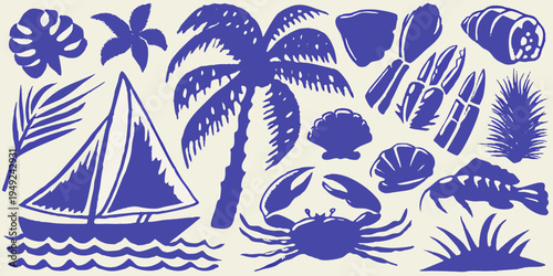 Blue and white illustration of tropical plants shells and marine life
