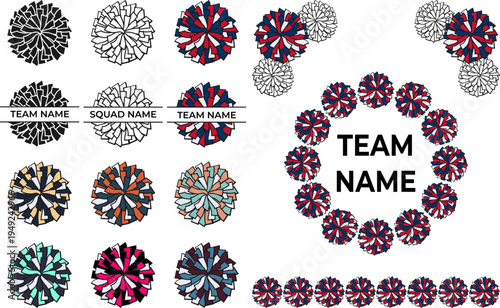 Cheerleading pom-pom vector set, sports design elements, athletic frames and monograms.