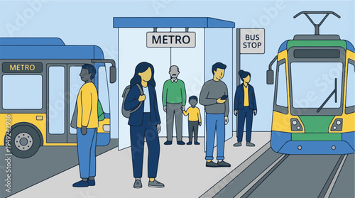 Commuters waiting for public transit at a modern city station illustration