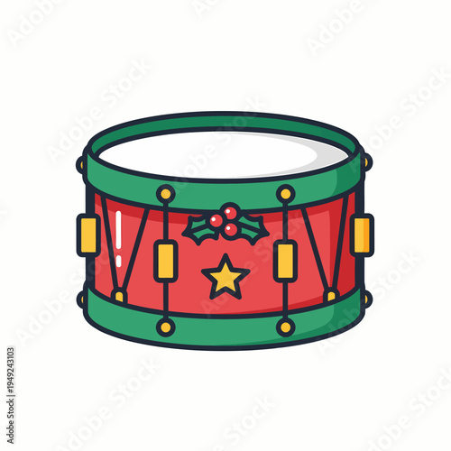 A festive drum decorated with Christmas elements, perfect for seasonal celebrations. It features a bright design and a star in the middle