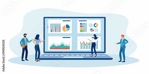 Team analyzing data visualizations on a large computer screen