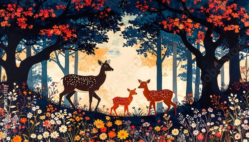Deer family in a vibrant forest clearing with wildflowers under a canopy of trees with autumn foliage, in warm hues