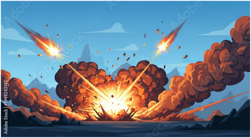 Dramatic Meteor Impact Illustration with Explosions and Debris.