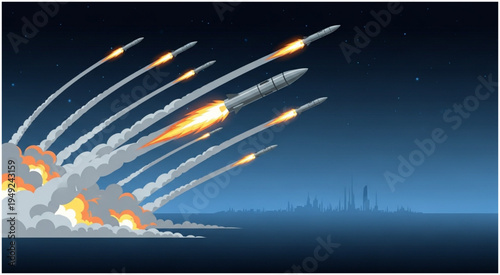Multiple Missiles Launching into the Night Sky with Cityscape Silhouette.