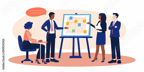 Business team collaborates on a strategic plan with a flowchart diagram