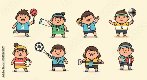 Eight charming cartoon children characters engaged in a variety of sports, including tennis, soccer, basketball, and rowing, on a light background.