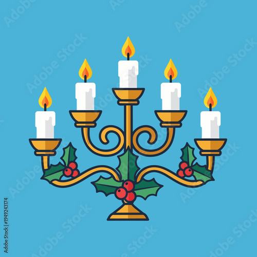 Festive Candelabra Illustration on a blue background. The candelabra features a golden color, holding white candles with a vibrant flame, and is decorated with holly berries
