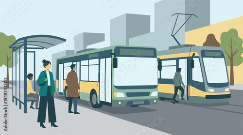 Urban public transport scene with people at bus stop and tram station