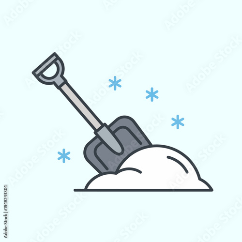 Snow shovel digging through fresh snow with snowflakes 