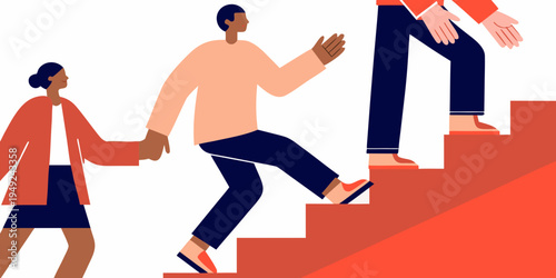 People assisting each other while climbing a set of red stairs