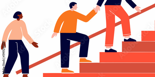 People collaborating and ascending a staircase symbolizing growth and teamwork