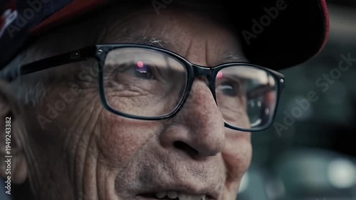 Close up Portrait of an Elderly Man With Glasses Wearing A Baseball Cap Smiling Looking Off Camera With Soft Natural Lighting