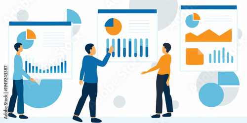 Team analyzes data visualizations including charts and graphs during a meeting