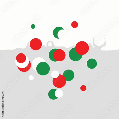Abstract colorful circles floating against a muted background. Featuring playful arrangements of red, green, and white spheres 