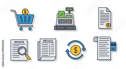 Financial Documents and Payment Icons Set.